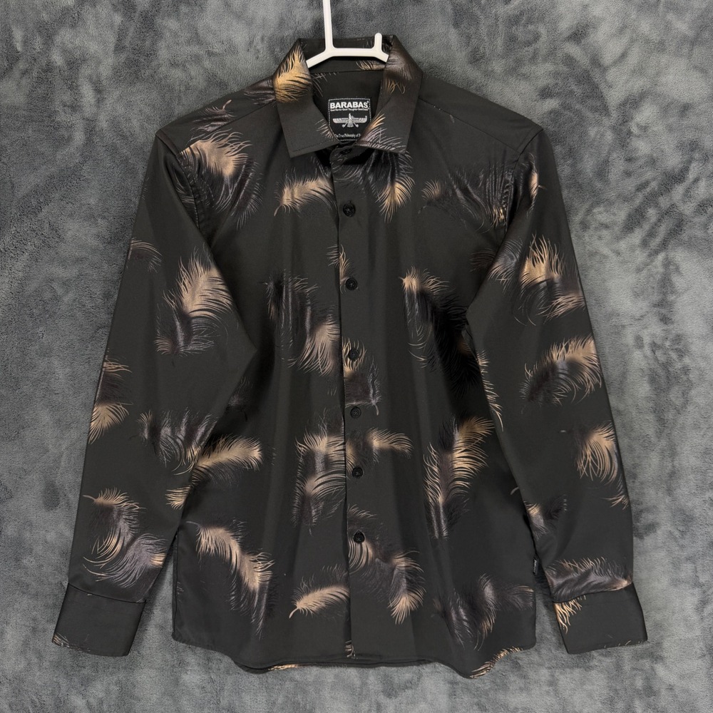Barabas Mens Small Black‎ Gold Feather Print Long Sleeve Button Down Shirt